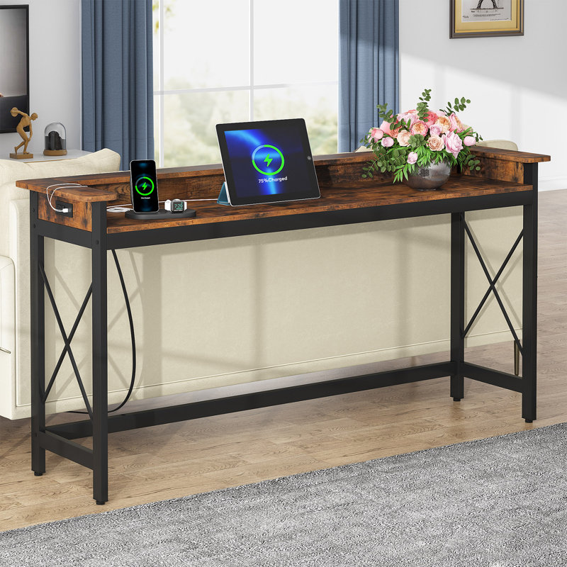 71" Console Table with Charging Ports, Brown/Black