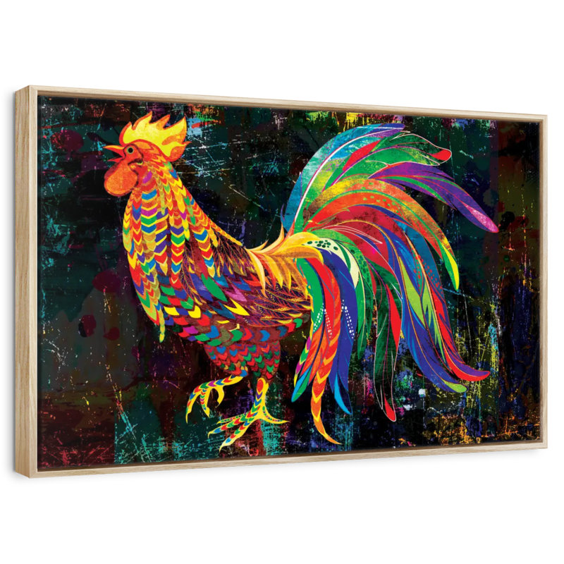 Coq abstrait multicolore, Cadre flottant en bois naturel, 31 po x 21 po