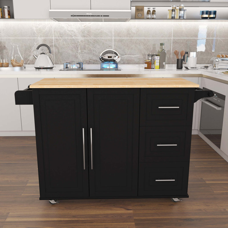 Damars Solid Wood Top Kitchen Island, Black