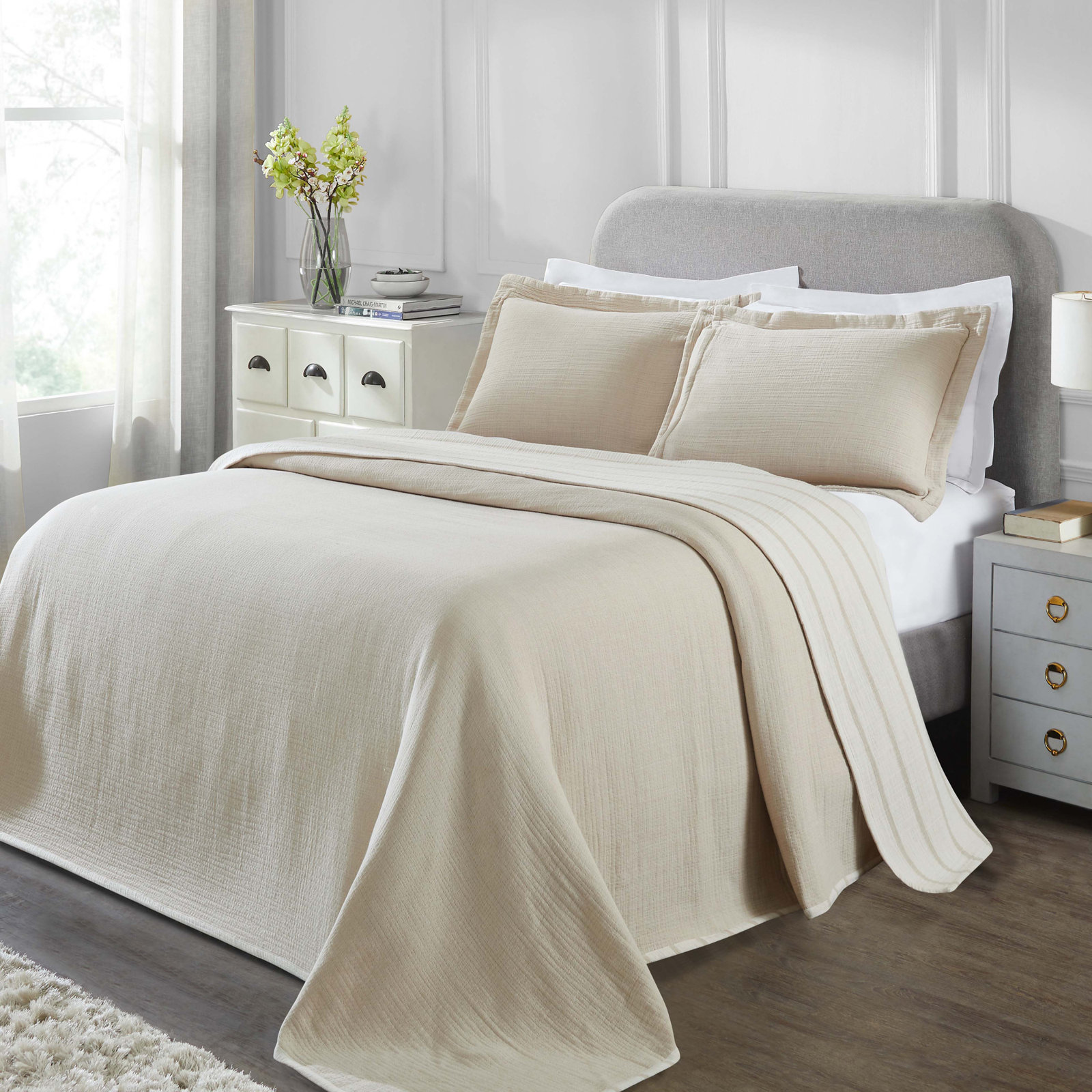 Valencia Cotton Reversible Medium Weight Matelasse Bedspread And Sham Set, Full Bedspread + 2 Standard Shams, Beige Striped