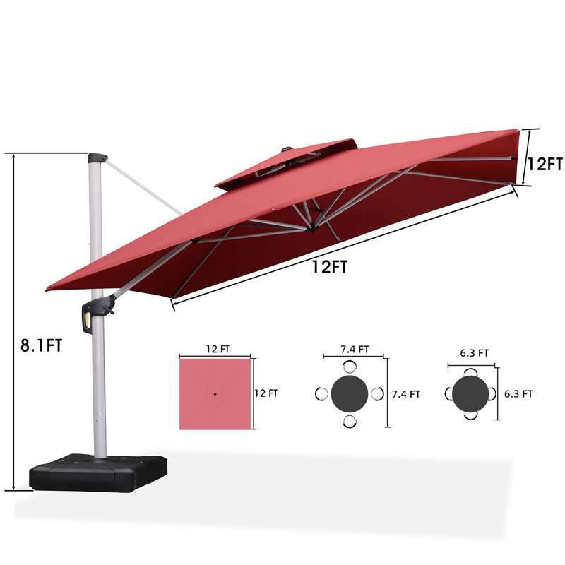 Parasol carré en porte-à-faux 12 pi x 12 pi Moira, rouge, Terra, Toile 12 pi