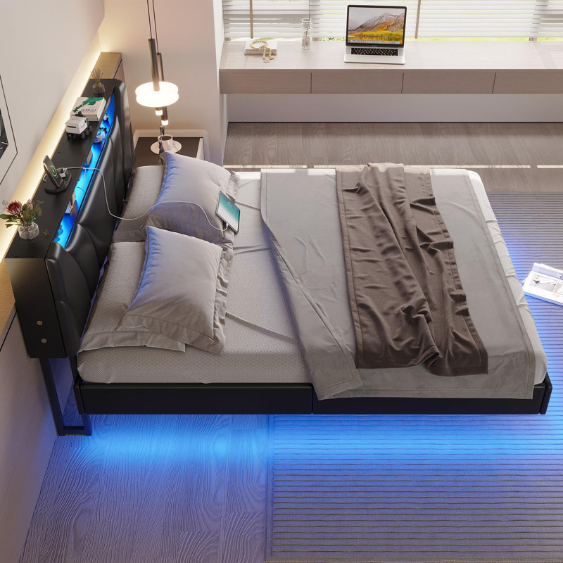 California King Bed Frame With Storage Headboard And Led Lights, California King Floating Bed Frame With Type-c And Usb Ports, Visual Floating Platform Bed, No Box Spring Required, Black