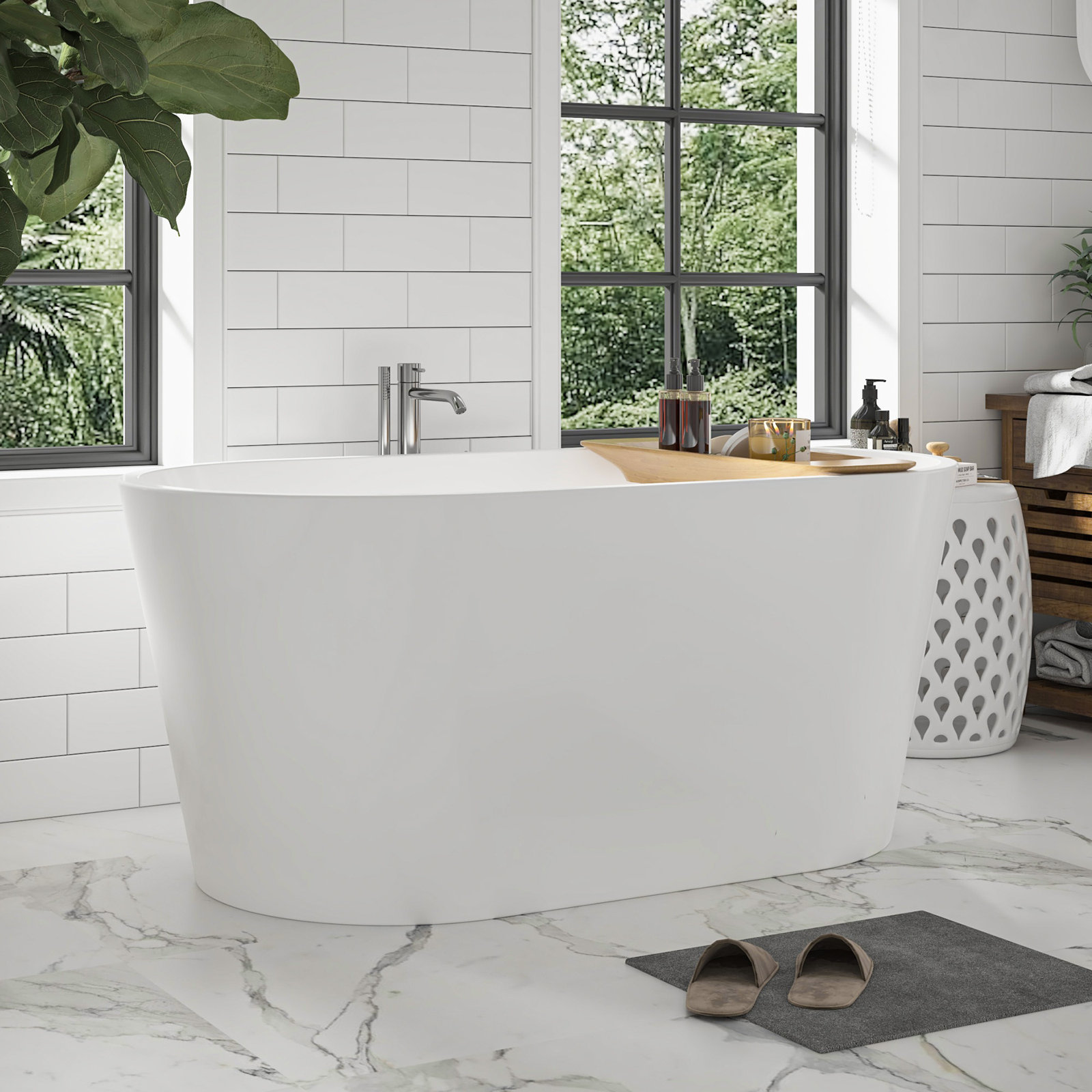 Iris 54" Freestanding Soaking Acrylic Bathtub, Pure White