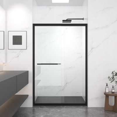 Double Sliding Shower Door With 8Mm Clear Tempered Glass, Matte Black Aluminum Frame, Stainless Steel Handle, - Crash Angle, Mute Operation For Bathroom Finish, Protection, Reversible