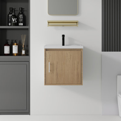 20 Inch Small Floating Bathroom Vanity with Sink, Integrated Ceramic Sink, Plywood Bathroom Cabinet, Soft-Close Door, Oak