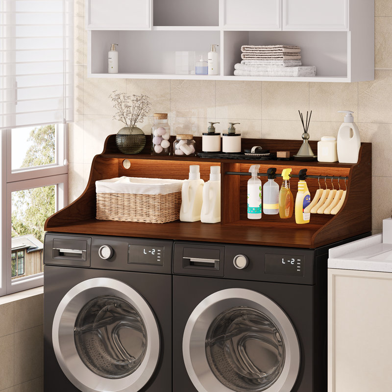 54” Washer Dryer Countertop with LED Light, Wooden Washer Dryer Topper with 2-Tier Shelves and Hanging Rod, Walnut, Brown