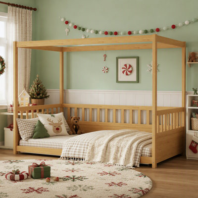 Structure de lit à baldaquin simple avec garde-corps pour enfants, conception à baldaquin, idéale pour le lit au sol Montessori, créant un espace de sommeil confortable pour les filles et les garçons
