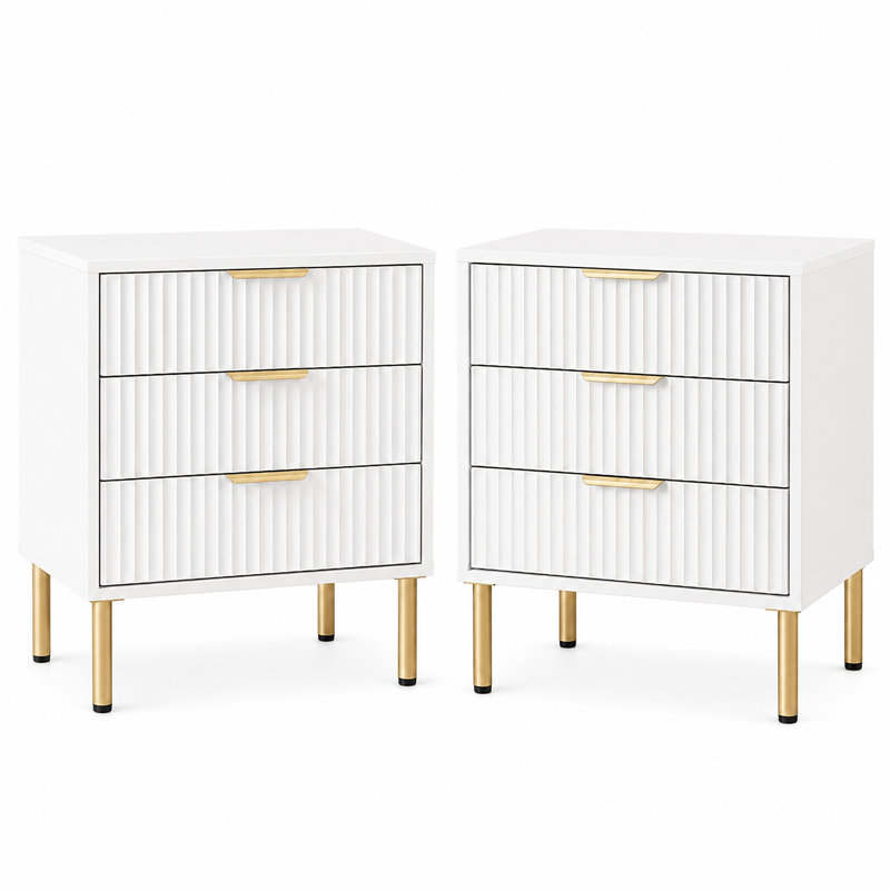 Ensemble de table de chevet 2 tiroirs 2 pièces avec façades cannelées, poignées dorées et pieds en métal, White