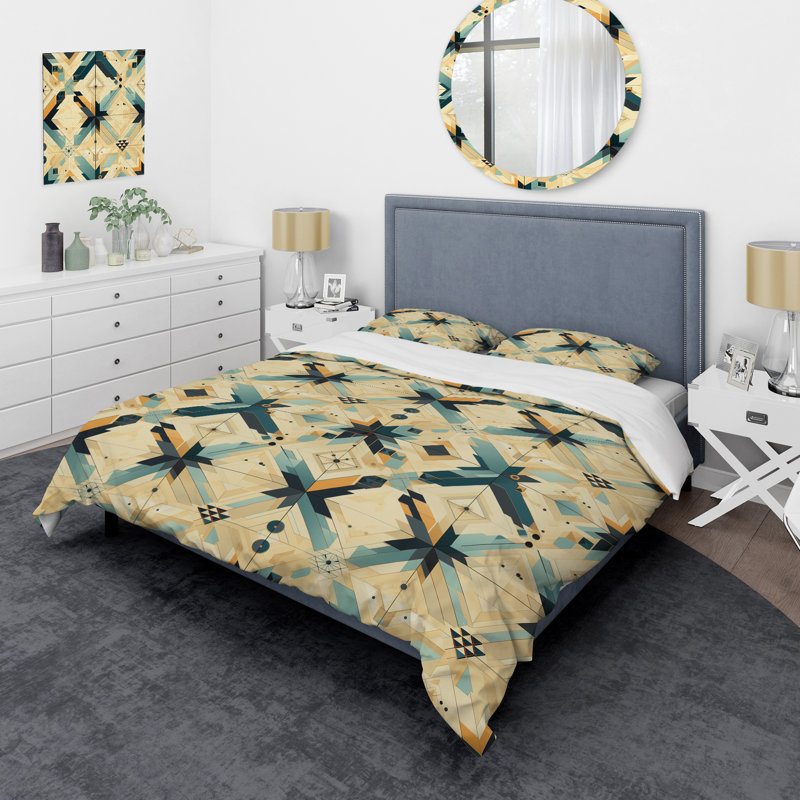 Boho Blue And Beige Tiles Geometric Shapes Duvet Cover, King Duvet Cover + 2 King Shams