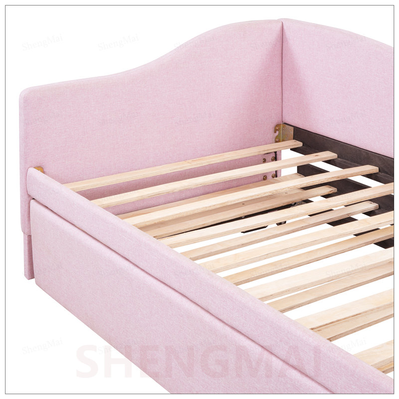 Lit de jour simple en L rembourré en forme de L avec lit gigogne escamotable, design élégant et polyvalent, Rose