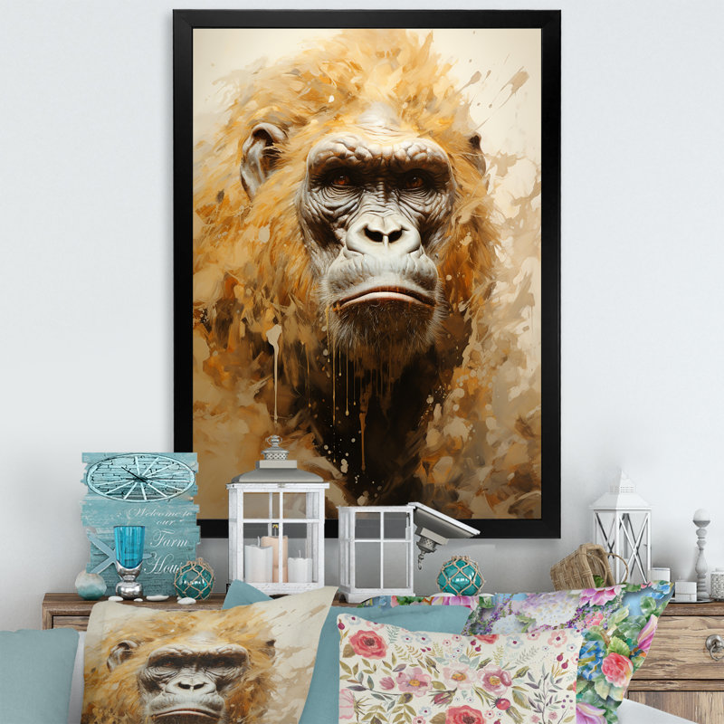 Portrait de gorille beige I sur toile, H 32 po x l 24 po x P 1 po, Cadre simple noir