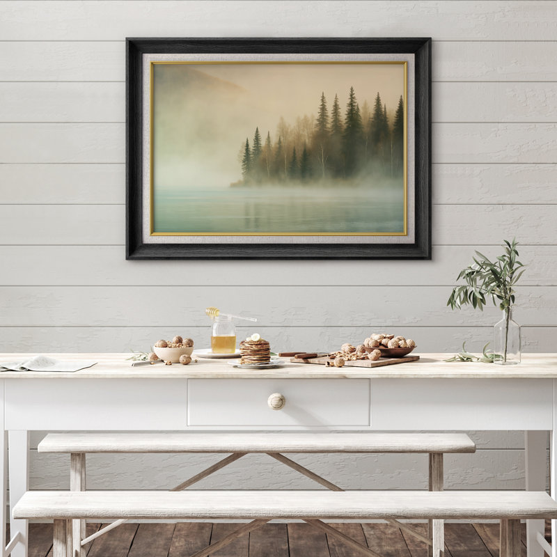 «Misty Forest Lake with Evergreen Trees and Soft Morning Light», reproduction d'art sur toile encadrée