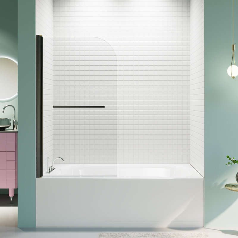 31" W x 55" H Pivot Tub Shower Door, Folding Frameless Glass Shower Door with Towel Bar, Premium 1/4" (6mm) Thick SGCC Tempered Glass Bathtub Door, Bathroom Shower Door Panel, Matte Black