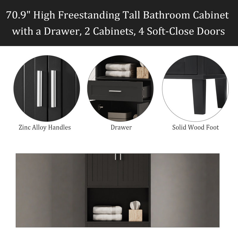 Grande armoire de salle de bain autoportante avec tiroir, Noir