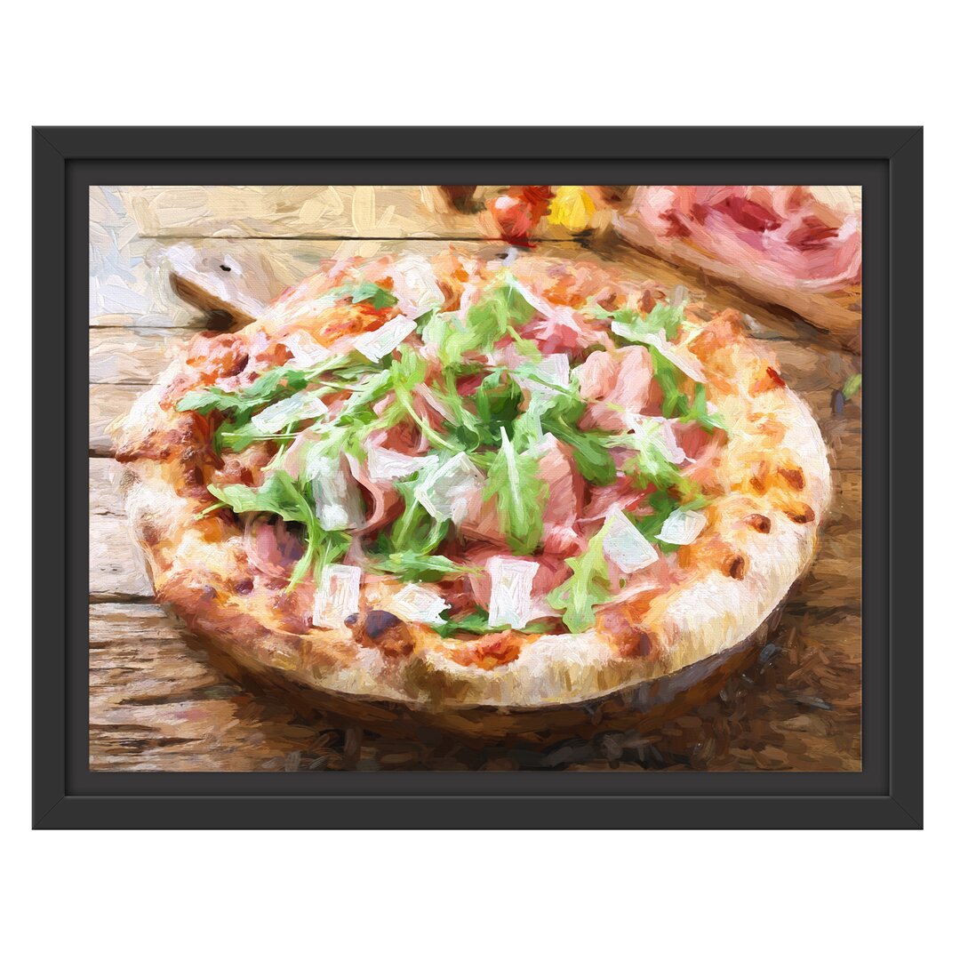 Gerahmtes Wandbild Prosciutto Pizza auf Holztisch