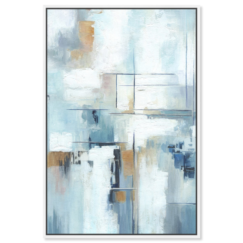 Large Blue and White Abstract Canvas Wall Art with Wooden Frame