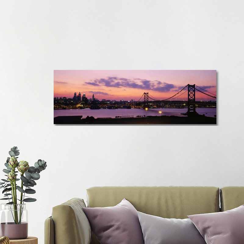 Bridge Across A River, Ben Franklin Bridge, Philadelphia, Pennsylvania, USA - Wrapped Canvas Panoramic Print