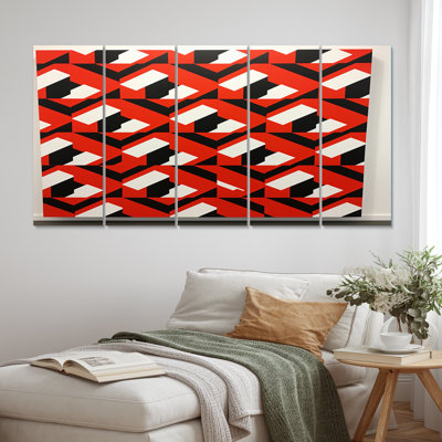 Motif rétro en rouge et noir géométrique - reproduction d'art moderne Mid-Century - 5 panneaux égaux