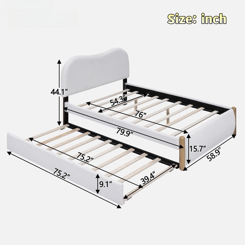 Lit plateforme tapissier avec pieds de support en bois et lit gigogne simple Madilyne, Double, Blanc