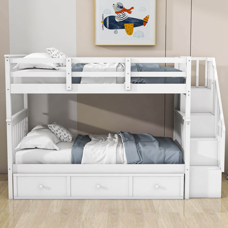 Lit superposé simple au-dessus de simple en bois avec 3 tiroirs, Blanc