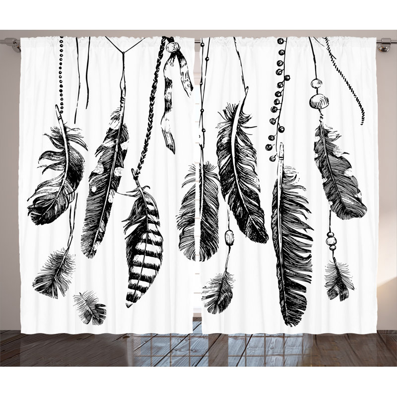 Indian Feather Decor Graphic Print Semi-Sheer Rod Pocket Curtain Panels, 54" W x 84" L