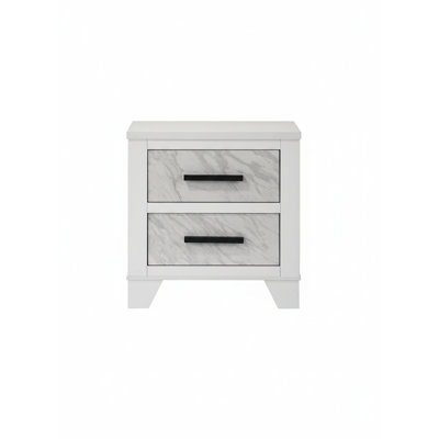 Contemporary White 2-drawer Bedside Cabinet With Faux Marble Inset | Transitional Nightstand Storage | Gift Idea