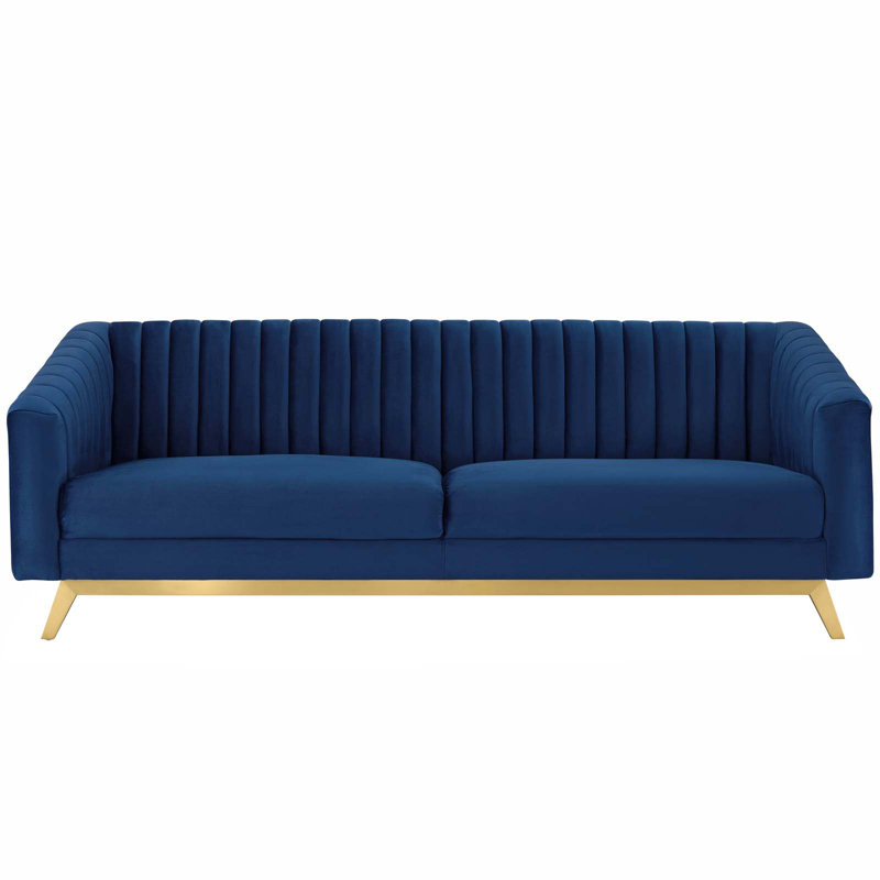 Silver Orchid Puffy Vertical Channel Tufted Velvet Loveseat, Navy
