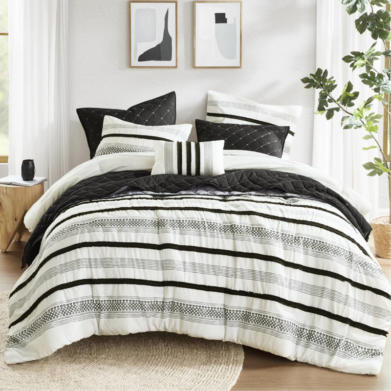 Lit double / grand lit - 7 pièces à rayures, microfibre, chaleureuse et exquise, rehausse la beauté de la chambre à coucher pour le lit, tendance, ajoute de l'élégance à