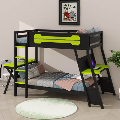 Twin-Size Gaming Bunk Bed With 2 Built-In Desks, USB Ports On Desktop, And Pegboard Storage