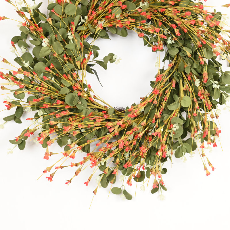 Couronne florale d'eucalyptus de printemps 26 po, Vert / Orange