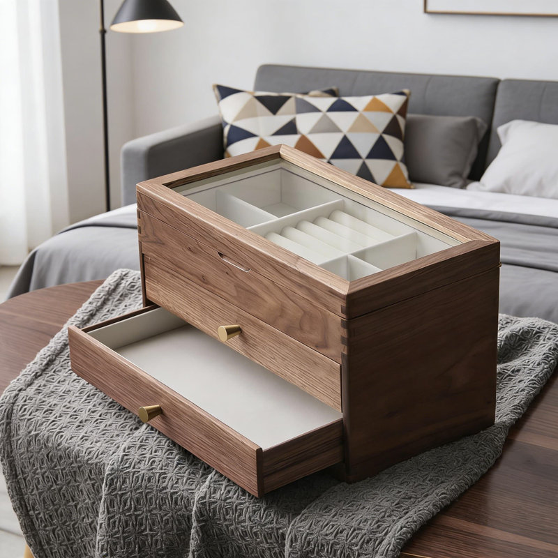 Boîte à bijoux en bois de noyer noir fabriquée à la main avec couvercle en verre et 2 tiroirs
