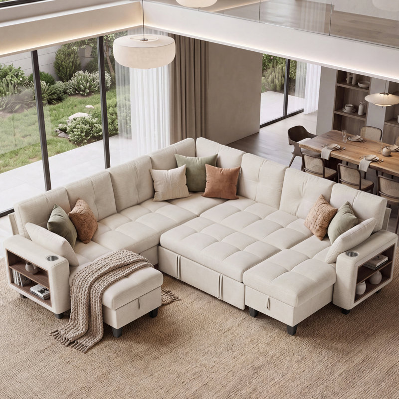 Canapés modulaires en coin rembourrés avec canapé-lit, chaise de rangement et bibliothèque d'appoint Benett, Chenille beige
