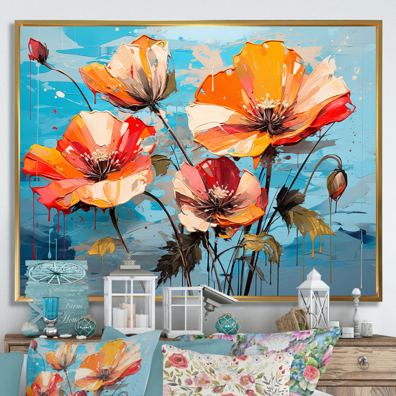 Bouquet de coquelicots orange et bleu II - coquelicots, art mural, Cadre flottant doré, H 24 po x l 32 po x P 1 po