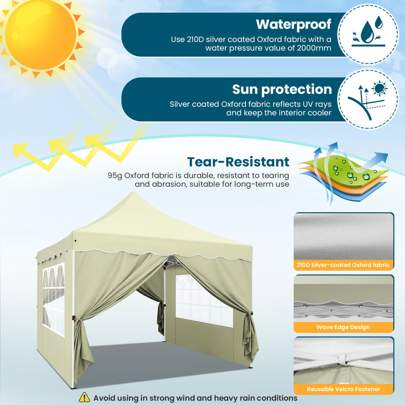 10'Wx10'D Pop Up Canopy with 4 Removable Sidewalls, Khaki