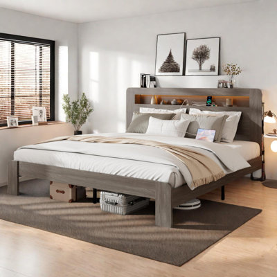 Très grande base de lit en bois avec tête de lit à DEL et ports USB