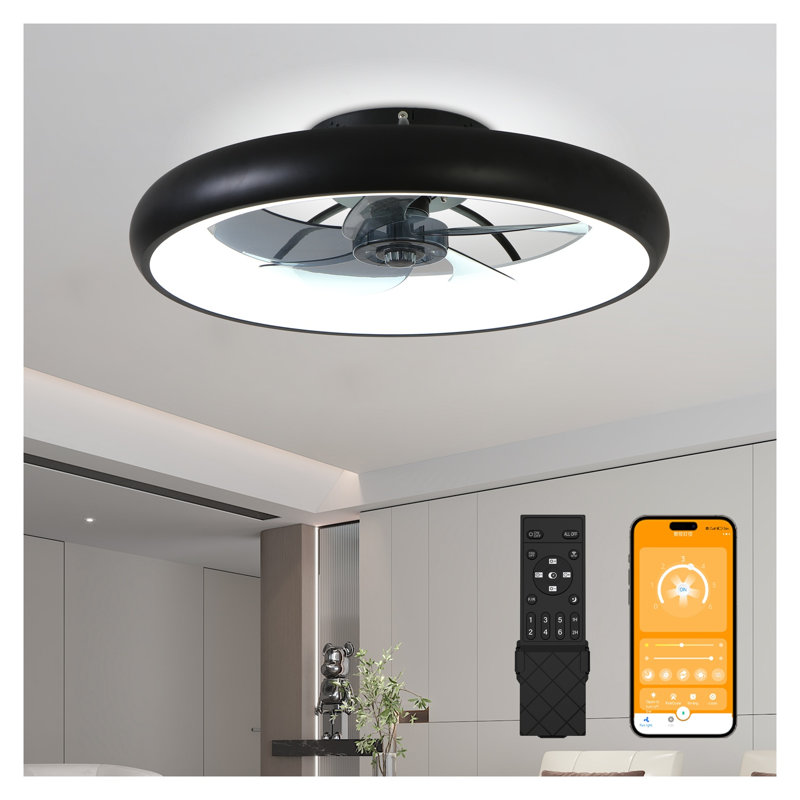 21.7" Black Ultra-Thin Ceiling Fan with Light, Flush Mount, 6-Speed Reversible DC Motor