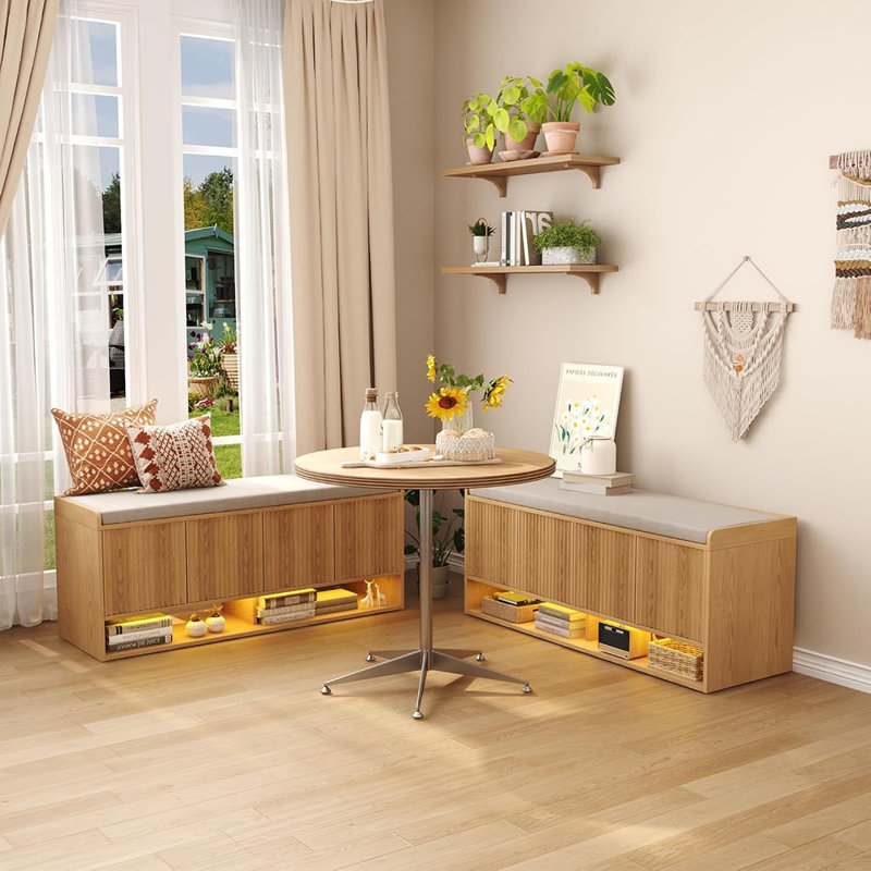 Banc de rangement à chaussures cannelé avec coussin d'assise en lin, banc d'entrée avec tablette réglable et éclairage DEL à détecteur de mouvement, meuble à chaussures intégré pour couloir, chambre, salon et pied de lit.