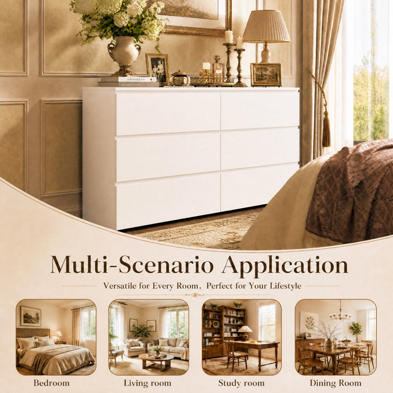 47" Wide 6-Drawer Dresser, Double Storage Chest of Drawers for Bedroom with Spacious Organization and Modern Design, White