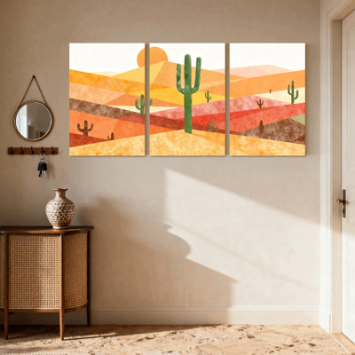 Cactus, paysage désertique avec cactus et coucher de soleil, ensemble de 3 impressions sur toile