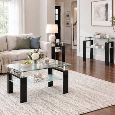 Ensemble de 3 tables de salon modernes en verre, comprenant une table basse, une table d'appoint et une console, avec 2 niveaux de rangement, plateaux en verre trempé de 10 mm et structures en métal.