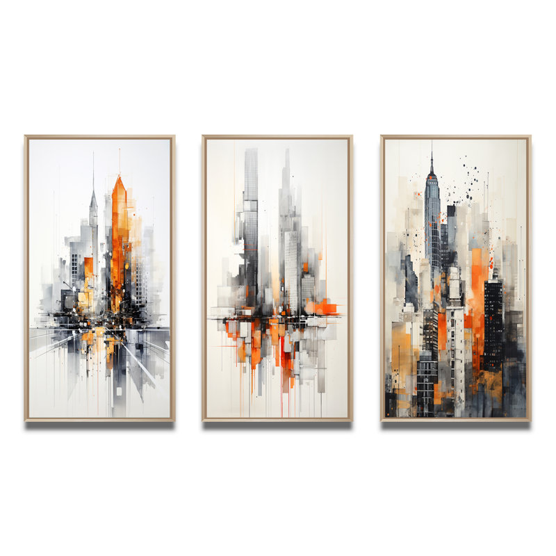 "Orange gris minimalisme urbain" 3 pièces sur toile, Cadre naturel flottant, H 28 po x l 36 po