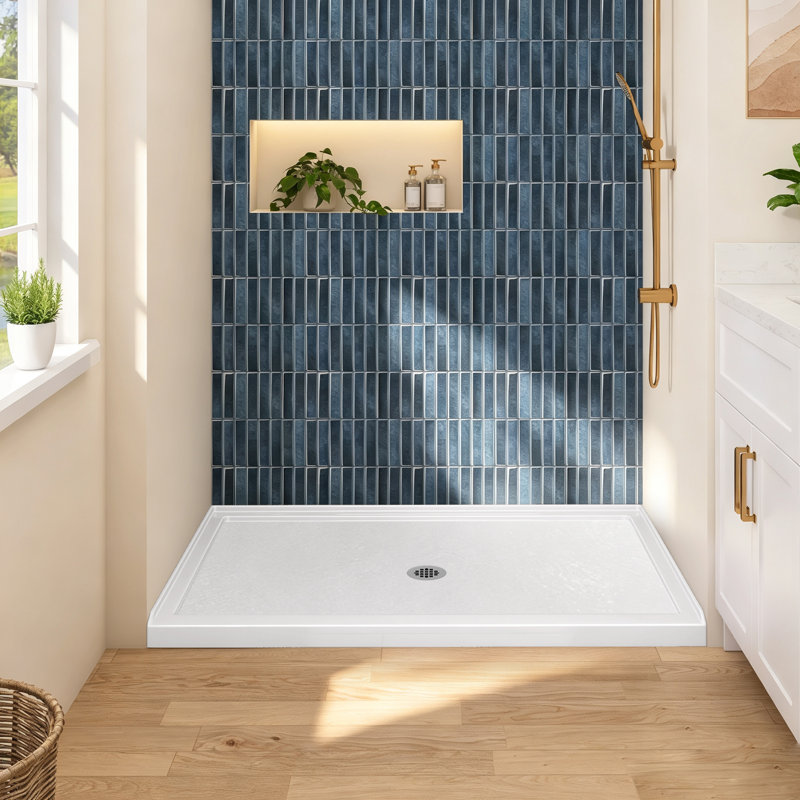 54" L x 36" W Single Threshold Shower Base with Centre Drain, Acrylic Shower Pan with Fibreglass Reinforced, Glossy White Shower Tray with Drain Assembly, Integrated 3-Sided Tile Flange Shower Base for 3-Wall Alcove Installation