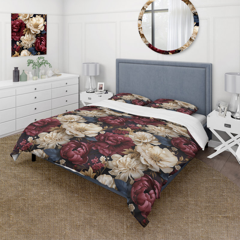Motif botanique des pivoines de la Renaissance - ensemble de housse de couette floral - microfibre de polyester