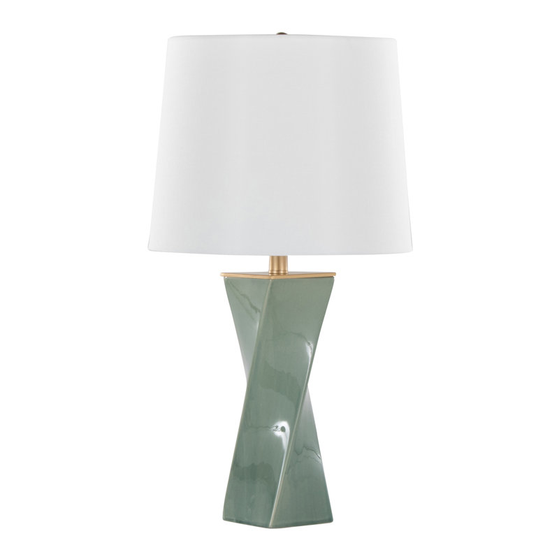 Lampe de table carrée contemporaine 27 po en céramique vert sauge, métal doré et lin blanc, Vert