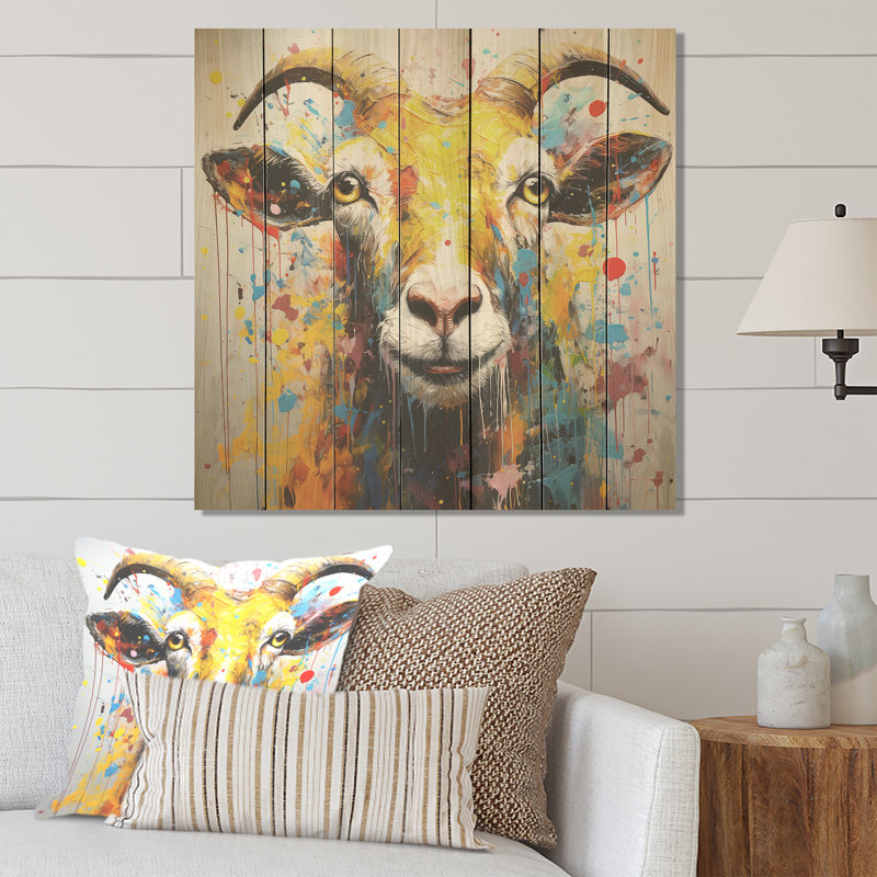 Portrait de chèvre jaune Pop Art - animal de chèvre sur bois, H 25 po x l 25 po