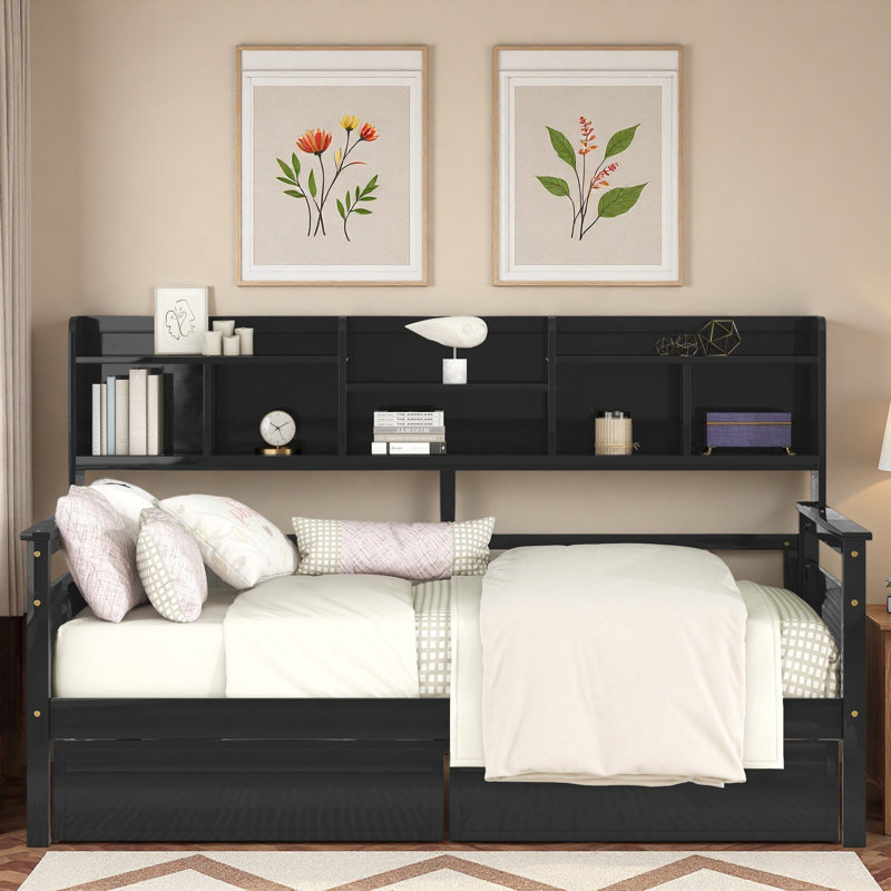 Modern Daybed With Storage Shelves And 2 Drawers, Espresso