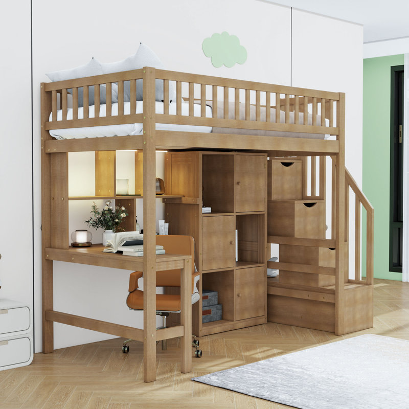Lit mezzanine simple en bois avec bureau intégré, lumière DEL et escalier, Noyer