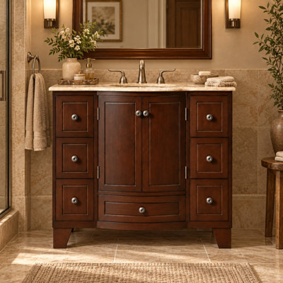 Ensemble de meuble-lavabo simple 40 po avec lavabo sous comptoir, armoire de salle de bain autoportante brun foncé avec 7 tiroirs et rangement à double porte
