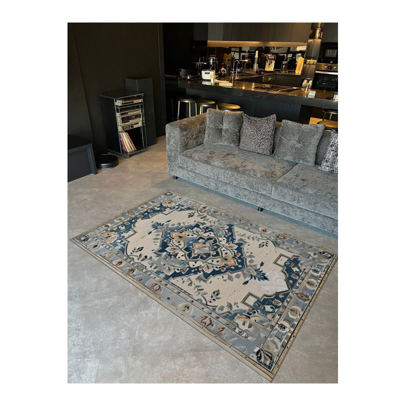 Vintage Blue Patterned Woven Base Machine Washable Rug, Rectangle 3'11" x 5'11" Rug Pad Included
