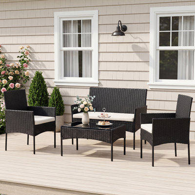 Wicker 4-Piece Patio Conversation Set with Cushions, Outdoor Rattan Patio Furniture Set 4 Person, Garden Rattan Furniture Set 4 Seater